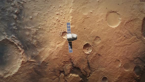 Planet Mars From Orbit with Spaceship