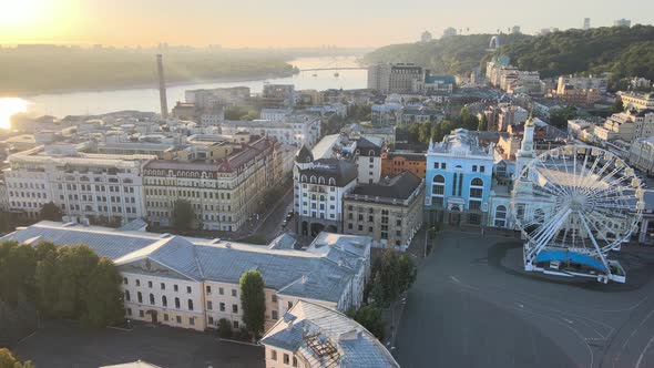 Historical District of Kyiv - Podil in the Morning at Dawn, Ukraine, Aerial View alt