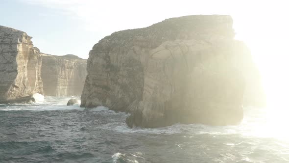 Fungus Rock Limestone Islet in Maltese Archipelago Being Washed by Strong Mediterranean Sea Waves