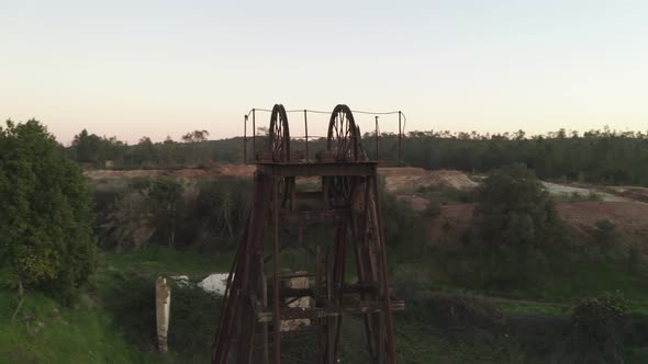 Aerial drone view of the abandoned mines of Mina de Sao Domingos, in Alentejo Portugal alt
