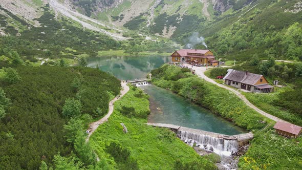 Aerial view of the lake Zelene pleso in the High Tatras in Slovakia alt