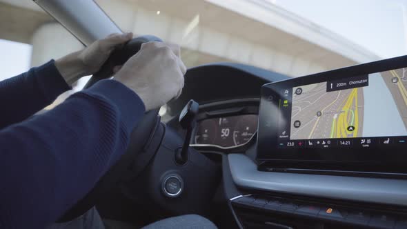 A Map and GPS on the Touchscreen System on the Dashboard in a Car  Closeup