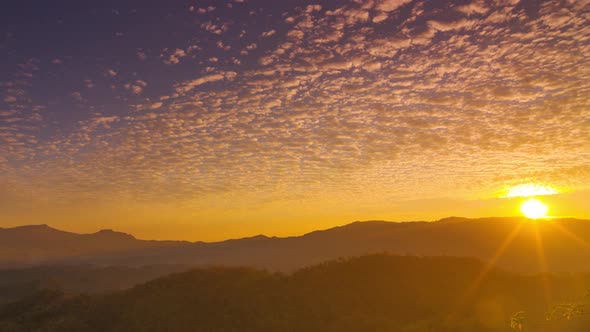 Morning orange gold sky cloudscape over fertile forest mountains. alt