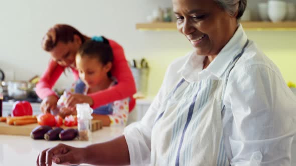 Smiling grandmother holding recipe book in kitchen 4k alt