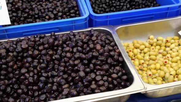 Olives stall in  bazaar famous touristic market. Different kinds of olives are sell on the bazaar