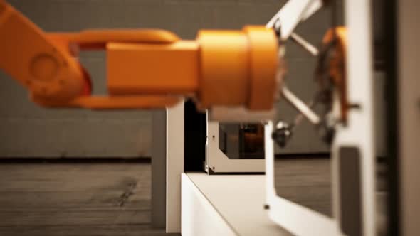 The futuristic robotic arms working on the assembly of the 3d printers. alt