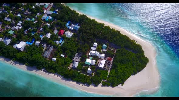 Aerial drone tourism of paradise tourist beach time by clear sea and bright sand background of a day alt