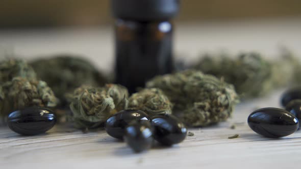 Organic CBD Hemp Flower Buds and Black Hemp CBD Oil Bottle on White Surface alt