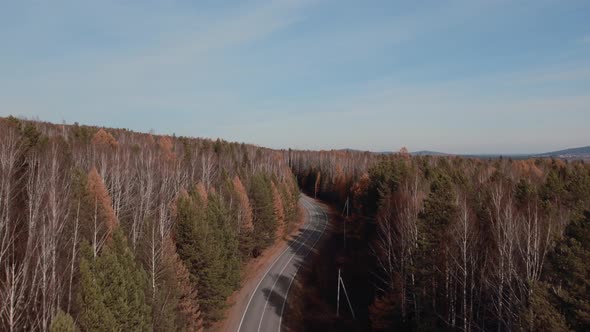 Curve asphalt road with cars between autumn forest in Ural