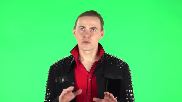 Guy Refuses Stress and Takes Situation, Calms Down, Breathes Deeply. Green Screen alt