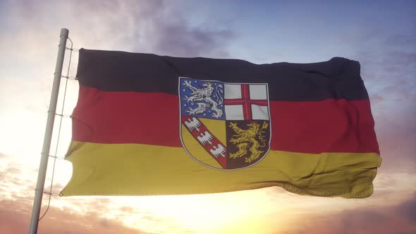 Saarland Flag Germany Waving in the Wind Sky and Sun Background alt