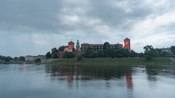 Day to Night Time Lapse of Wawel Castle and Vistula River in Cracow, Poland