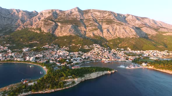 Aerial view of sunset at Makarska bay in Dalmatia alt