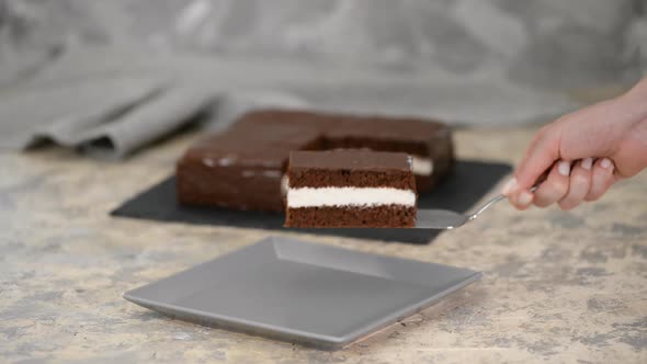Delicious Chocolate Cake on Table, Close-up. alt