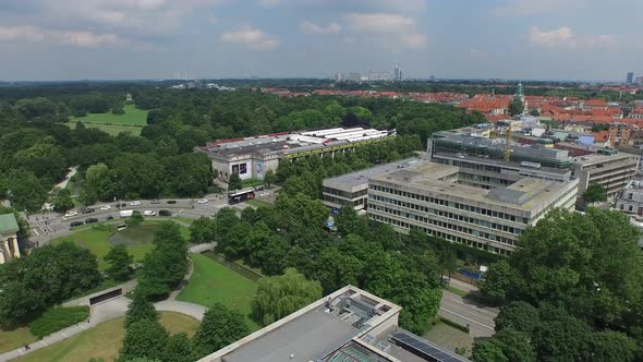 Aerial shot of a museum and other buildings