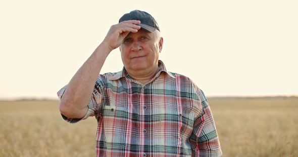 Happy Man in Plaid Shirt Standing in Golden Wheat Field at Sunset alt