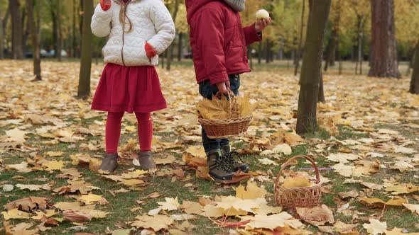 Little Preschool Kid Siblings Girl And Boy Smiling On Plaid Yellow Fallen Leaves In Basket Picnic