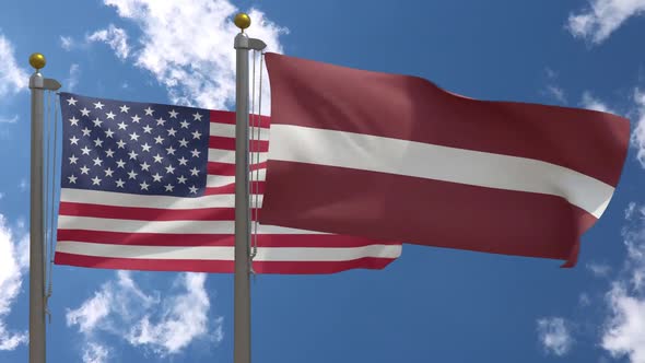 Usa Flag Vs Latvia Flag On Flagpole alt