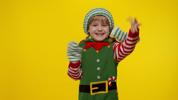 Girl Christmas Elf Santa Helper Costume Waving Greeting Hand alt