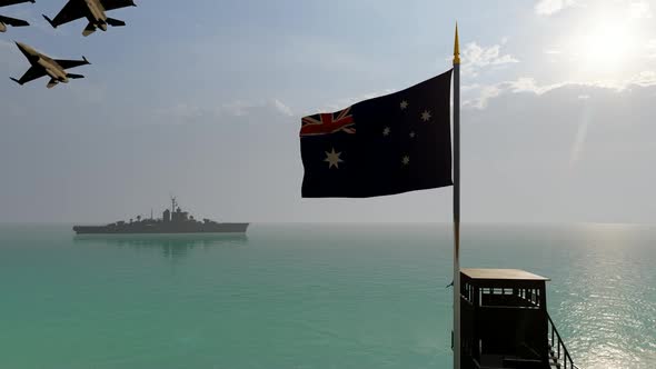 Waving Australian Flag Warship and Passing Warplanes alt