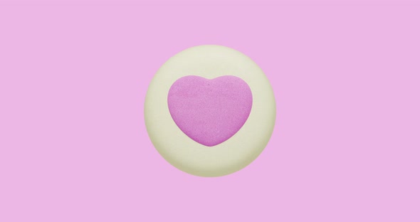 Minimal motion design. 3d creative pink cookies heart at plate moves in pink abstract space.
