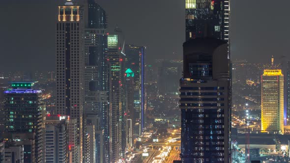 Dubai Downtown Night Timelapse Modern Towers Panoramic View From the Top in Dubai United Arab alt