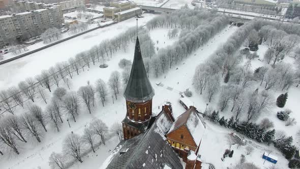 Aerial view of the Cathedral in Kaliningrad in the wintertime alt
