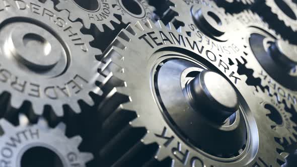 Closeup on working metallic gears with terms connected to the business.