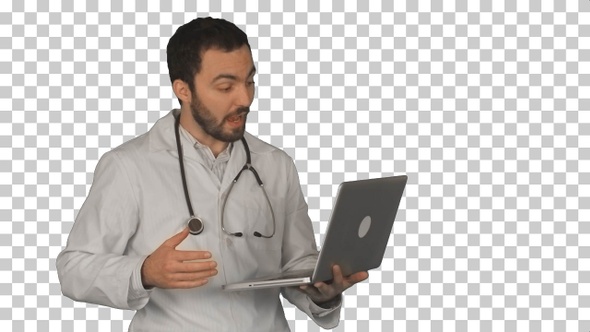 Doctor Having Video Conference on laptop, Alpha Channel
