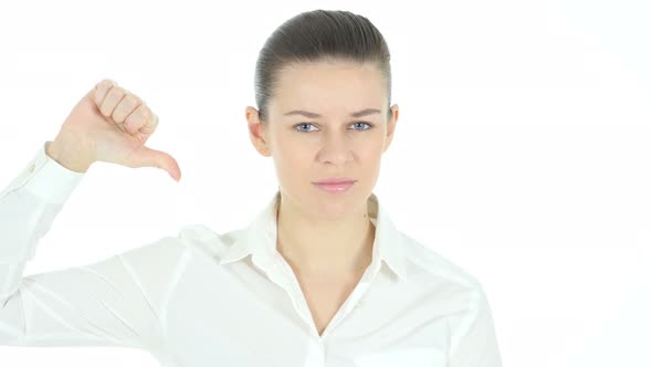 Thumbs Down by Woman, White Background alt