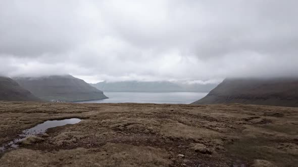 Aerial View Sliding Camera To Faroe Islands Fjord
