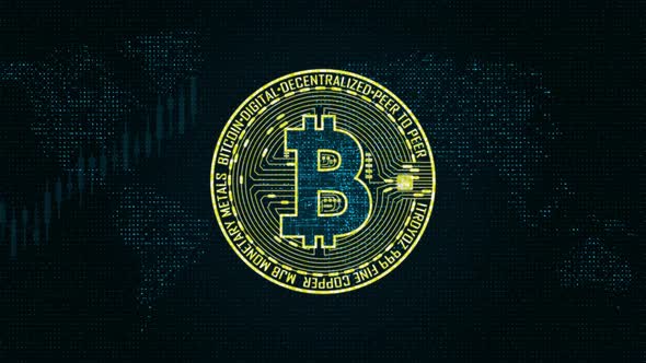 Golden bitcoin icon cryptocurrency concept on earth maps abstract background