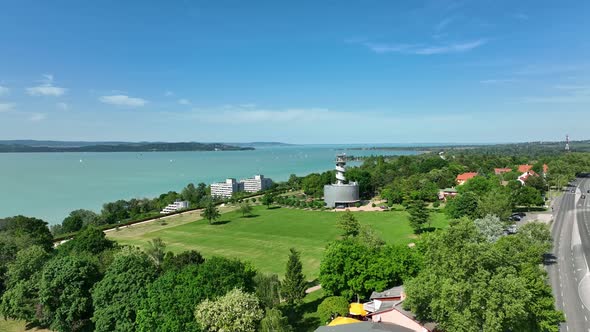 Aerial view of the lookout tower and Lake Balaton in Hungary