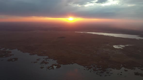 High Aerial shot of Engure Lake in sunset