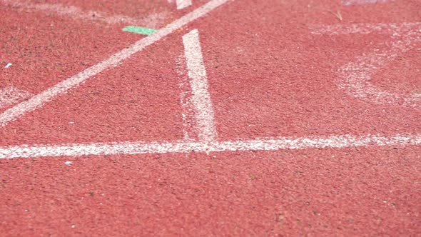 Running Track, Starting Line Numbers. Panning Shot of Athletics Track. alt