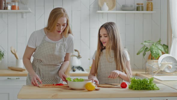 Caucasian Mother and Teen Daughter Wearing Aprons Cooking Together in Home Kitchen Cutting Red alt