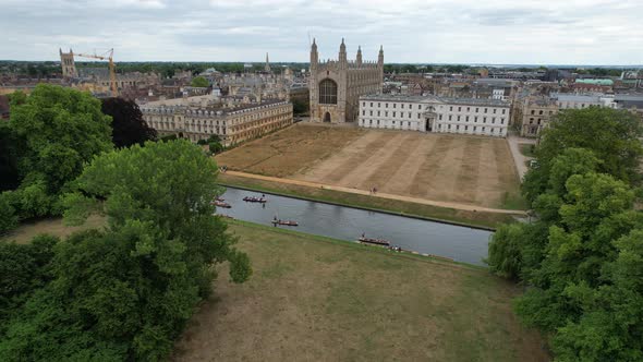 Punts on River Cam Cambridge England summer drone aerial view 4K footage alt