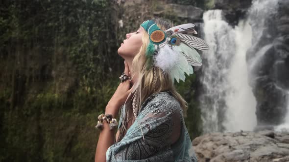 Beautiful Young Female Standing Near the Falling Stream Full of Dreams alt