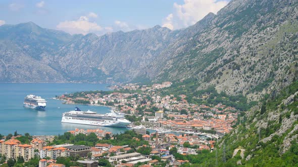 Two Cruise Ship Travel Between Mountains, Kotor Bay Fjords, Montenegro
