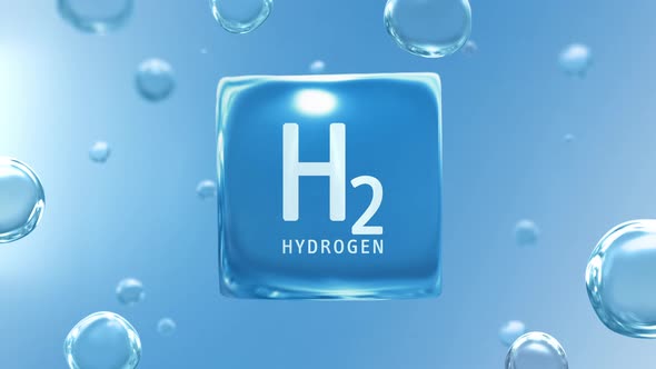 "H2 Hydrogen" Titled Water Bubble Cube Infographics Background Loop with Water Molecules