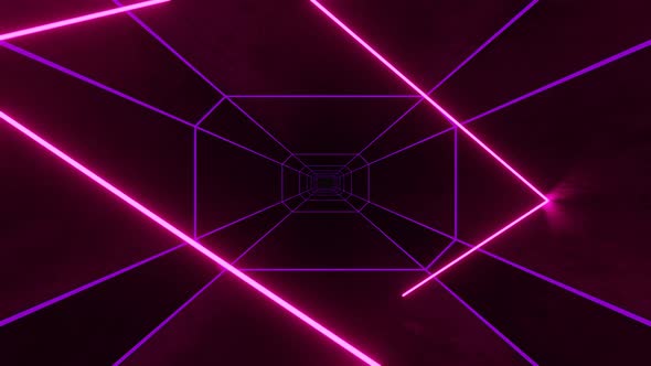 Pink Neon Ray Moving and Bouncing in Hexagon Dark Tunnel