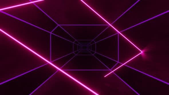 Pink Neon Ray Moving and Bouncing in Hexagon Dark Tunnel