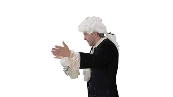 Man dressed like Wolfgang Amadeus Mozart conducting an alt