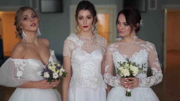 Portrait of Three Beautiful Brides of European Appearance in Wedding Dresses