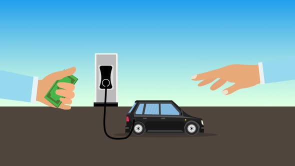 Electric car charging concept with two human hands transferring money 4K animation