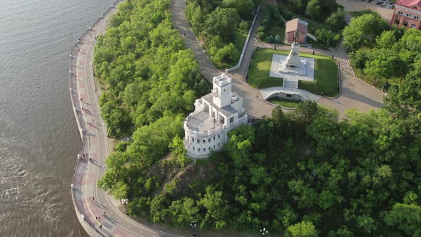 Russia, Khabarovsk, August 2019: Top View Taken From a Drone, Rock Cliff and Monument To Muravyov