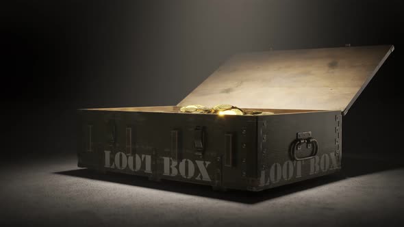 Animation of a wooden loot box full of shiny gold coins. Old, military container alt