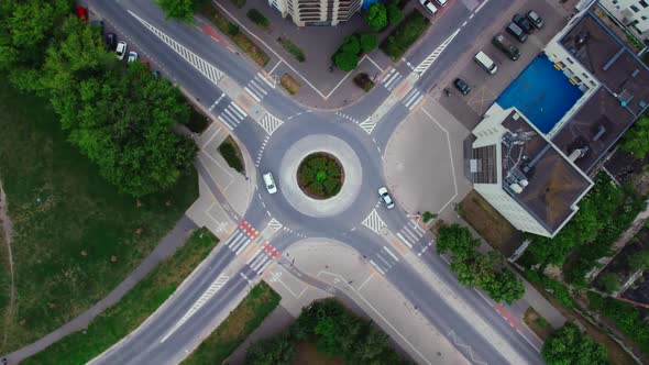Topdown Drone Spinning Aerial Video of the Traffic Circle Intersection