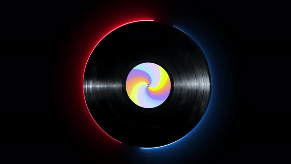 Glowing Neon Line Vinyl Disk with Colorful Sticker Rotating on Isolated on Black Background alt