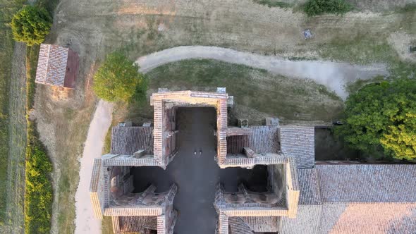Amazing Aerial View of Beautiful San Galgano Abbey with Roofless Walls Tuscany Hills in Spring alt